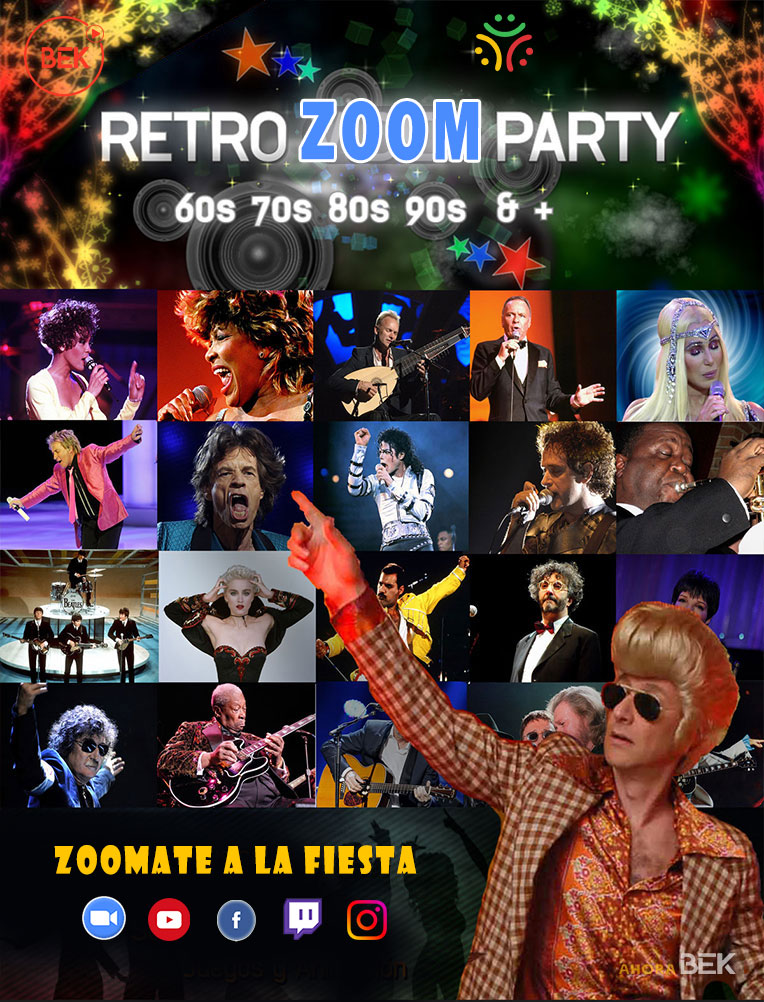 Música, baile, juegos, concursos, shows, retro, para pasarla "bomba". Todo para tu fiesta online.